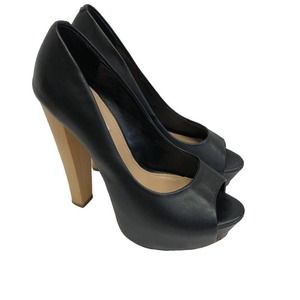 Steve Madden Felicite Black Leather Peep Toe Platform Block Heel Pump size 8.5